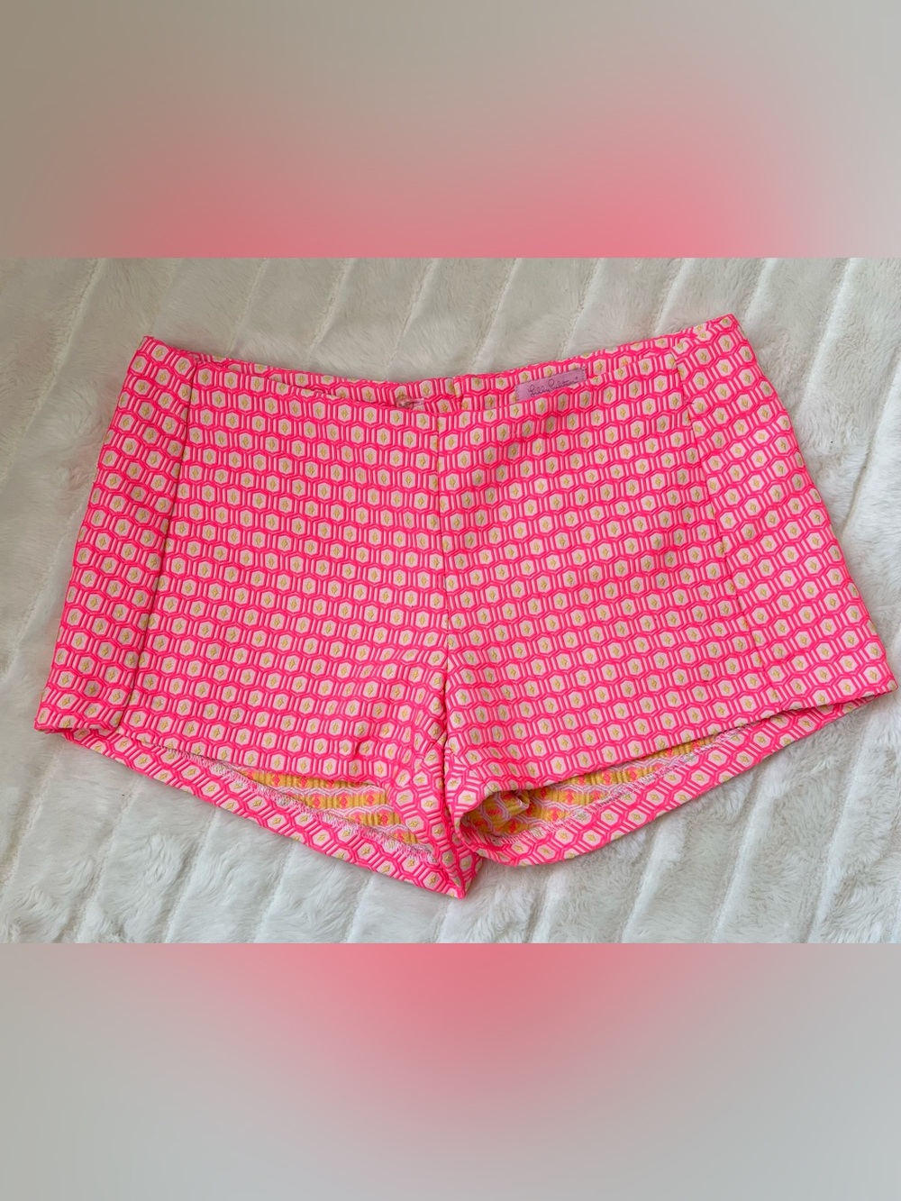 Lilly Pulitzer Size 4 Liza Hot Pink Yellow Geometric Jacquard Shorts Zip Preppy